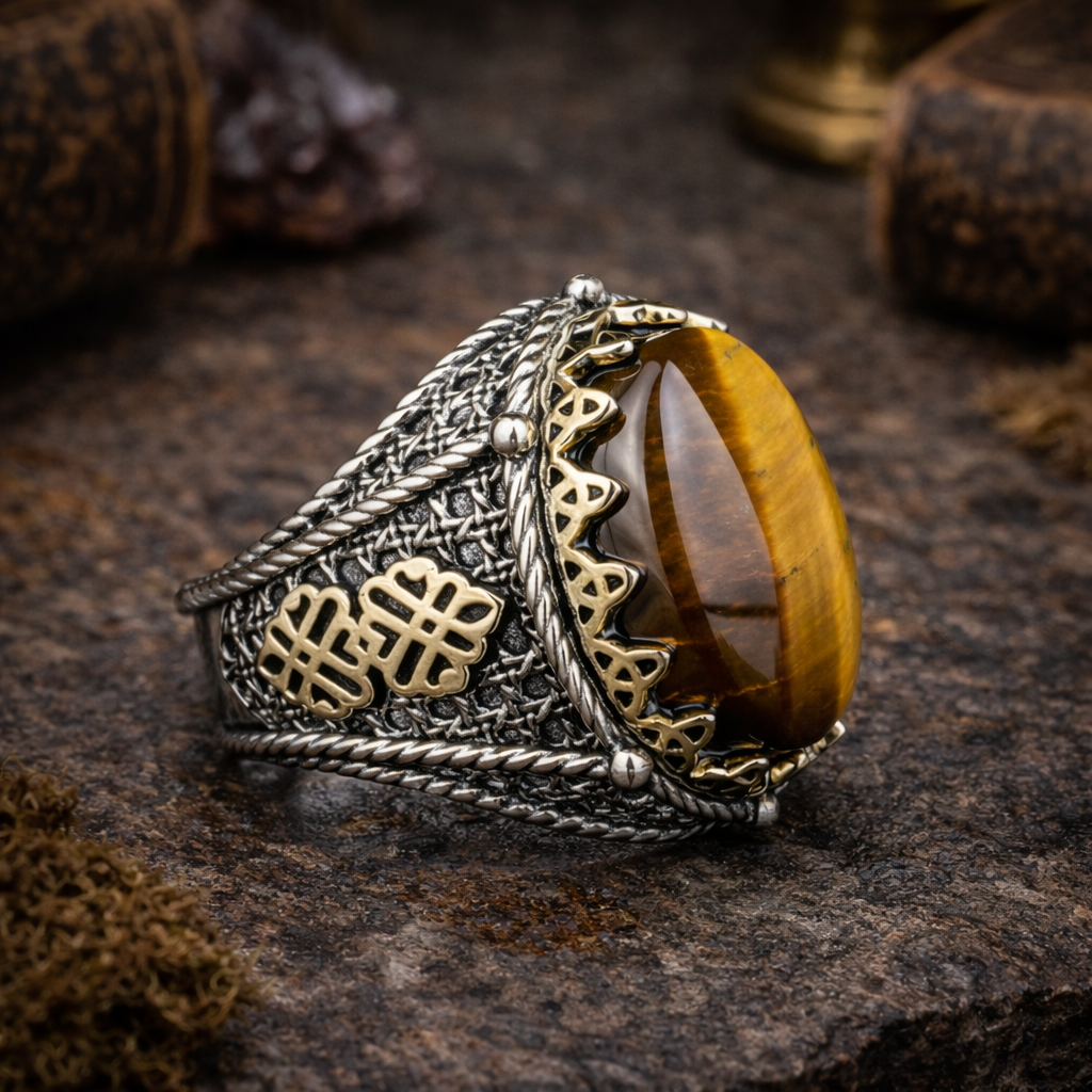 925 Sterling Silver Men Brown Tiger Eye Gemstone Handmade Ring