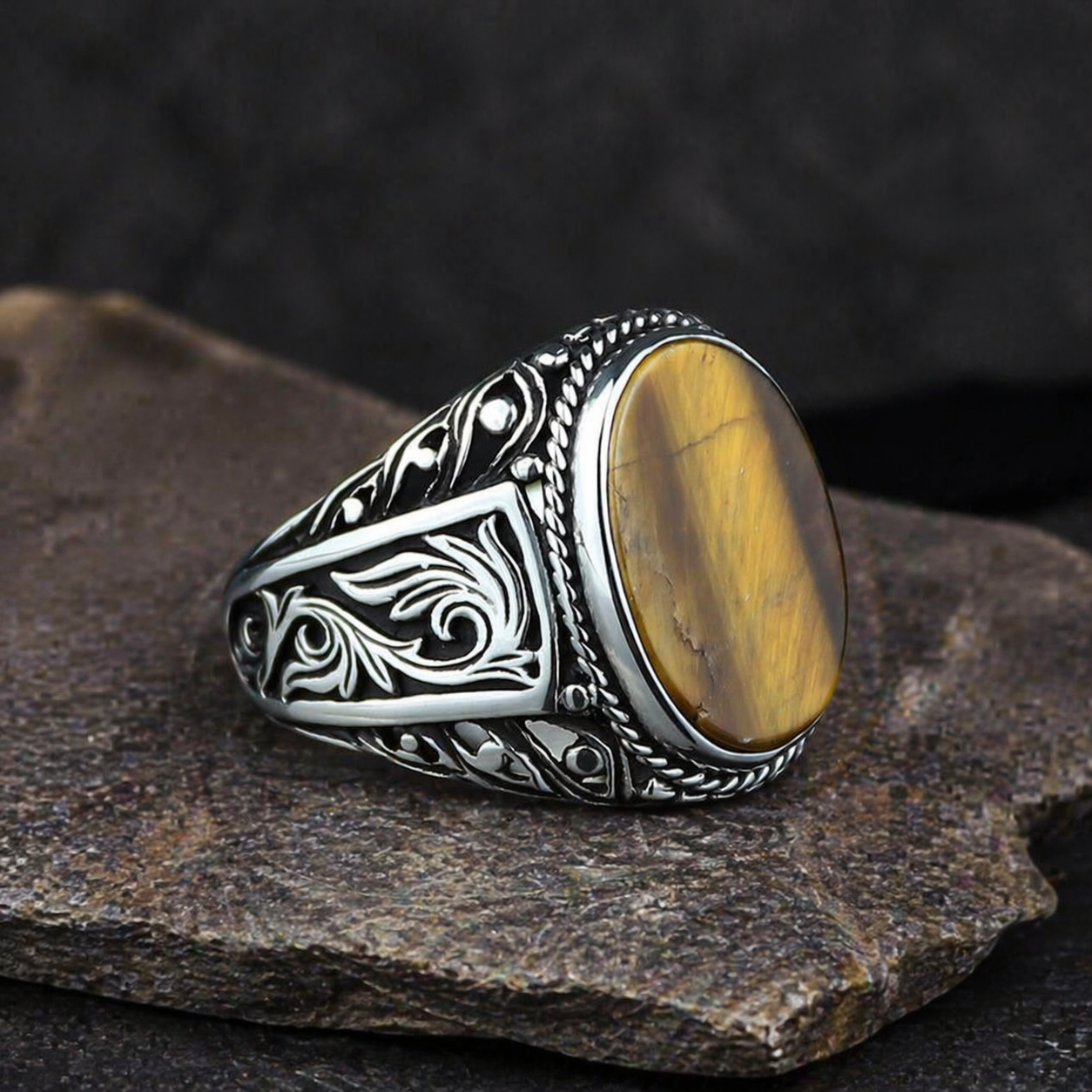 925 Sterling Silver Brown Oval Tiger Eye Gemstone Ring