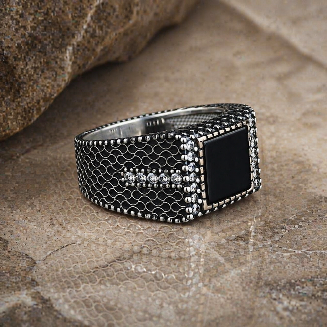 925 Silver Men Handmade Minimal Square Onyx Ring