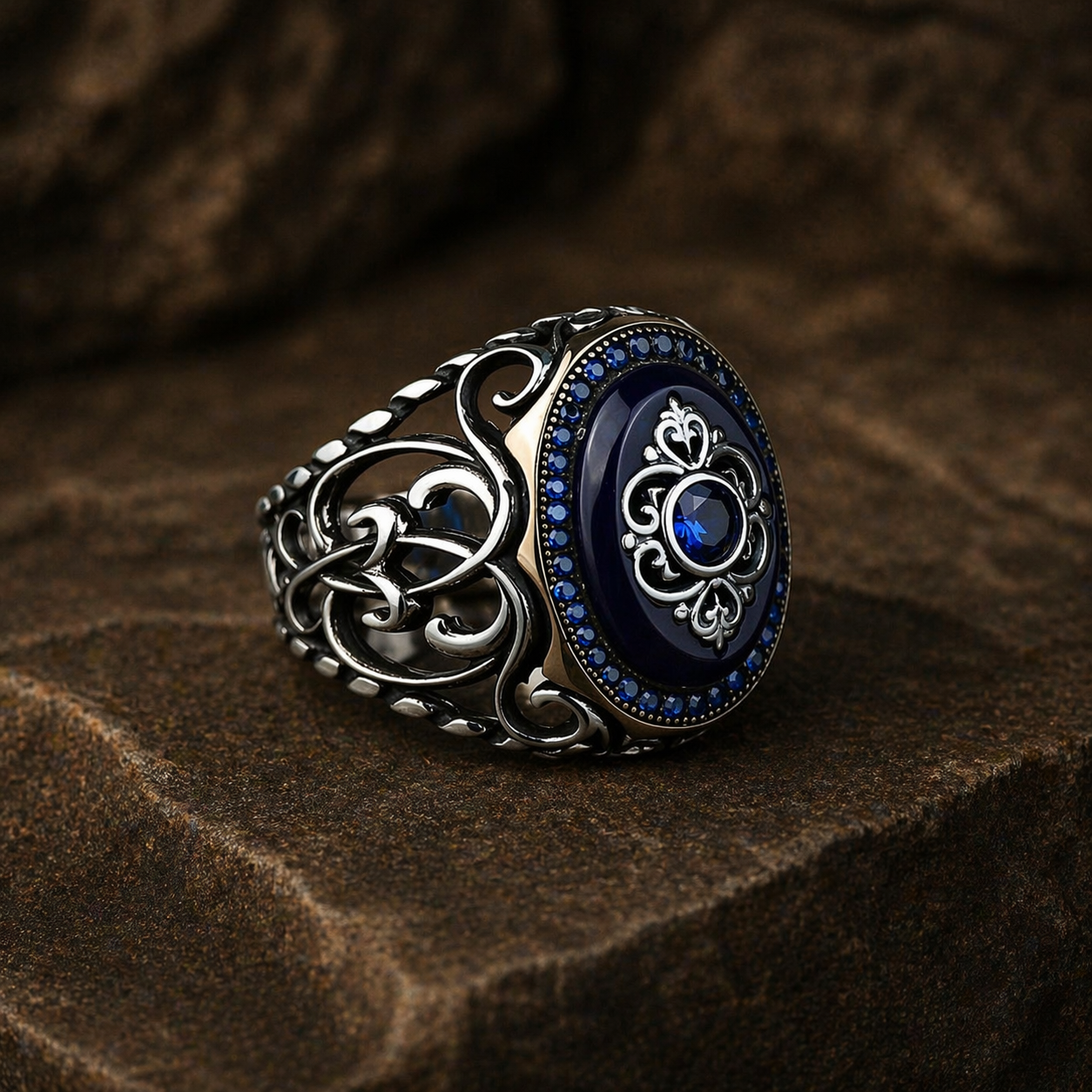 925 Sterling Silver Turkish Handmade Men Blue Sapphire Gemstone Ring