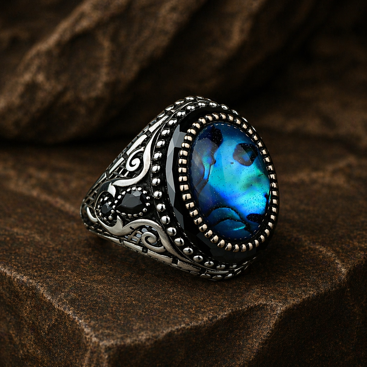 925K Sterling Silver Men Silver Abalone Shell Pearl Stone Silver Ring
