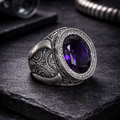 Men Handmade Engraved Amethyst Gemstone Turkish Style Ring