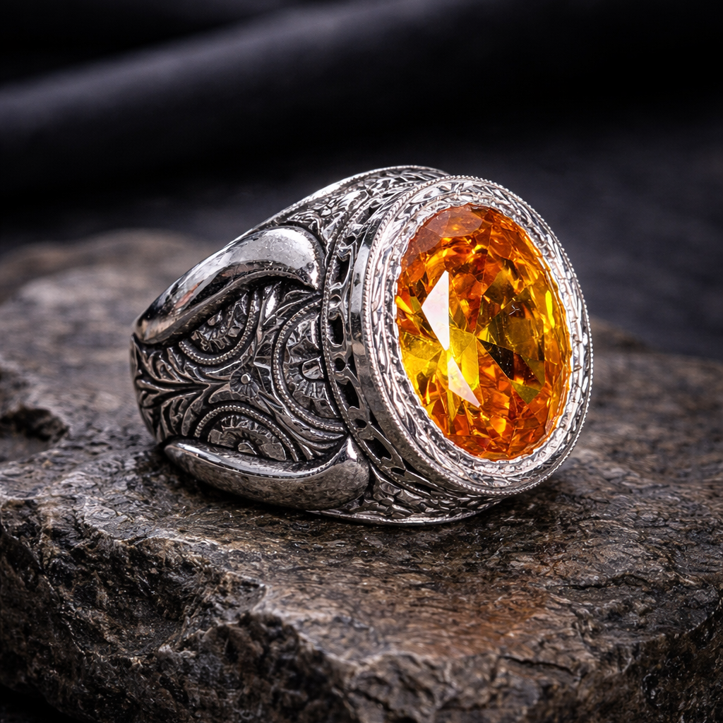 Men Handmade Engraved Yellow Citrine Gemstone Ottoman Style Solid Silver Ring