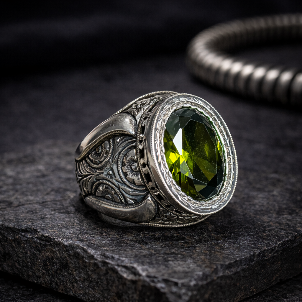 925 Solid Silver Peridot Gemstone Ottoman Style Engraved Ring