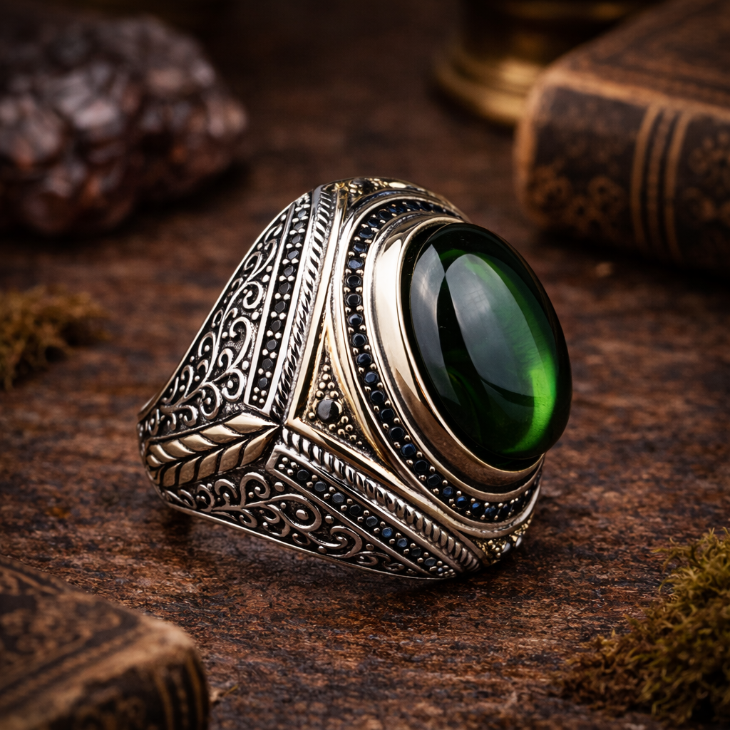 925 Men Silver Green Emerald Stone Ottoman Style Handmade Ring