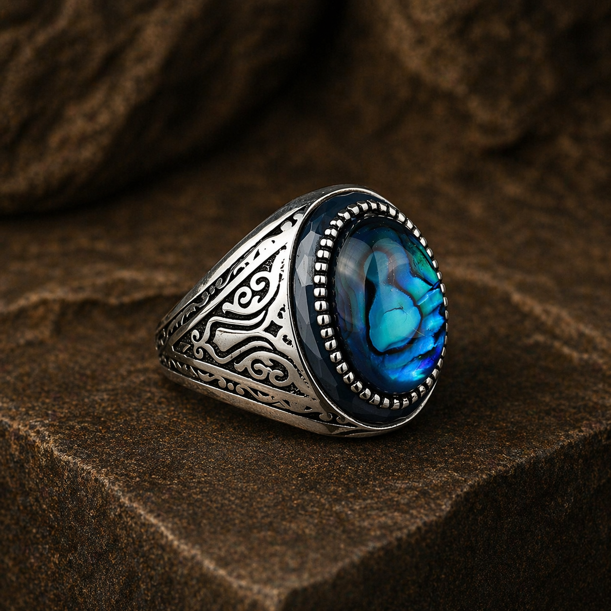 925 Sterling Silver Abalone Pearl Men Signet Ring