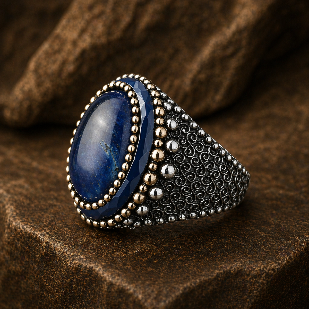 925 Sterling Silver Men Blue Tiger Eye Gemstone Engraved Ring