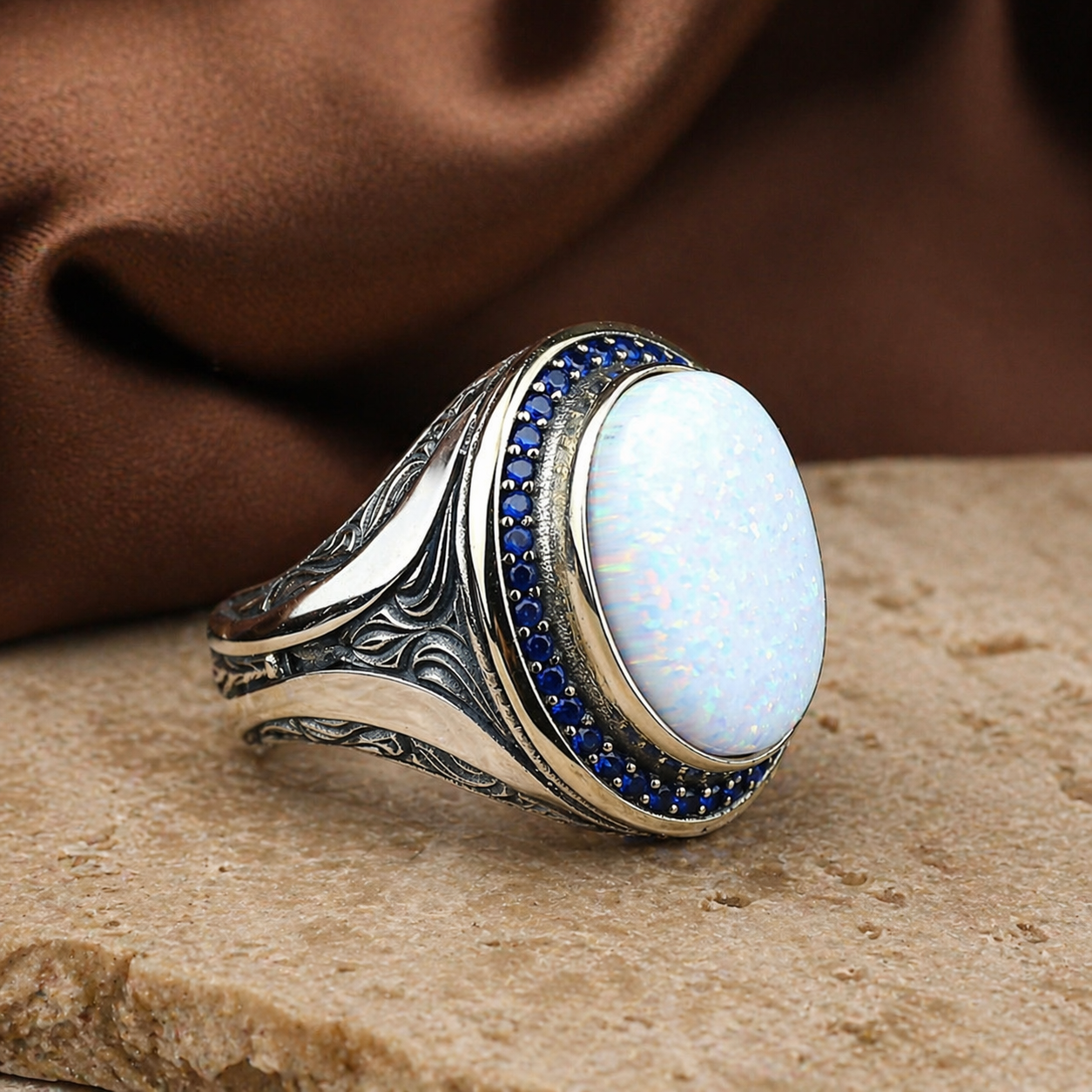 925 Sterling Silver Turkish Handmade Engraved Fire Opal Ring