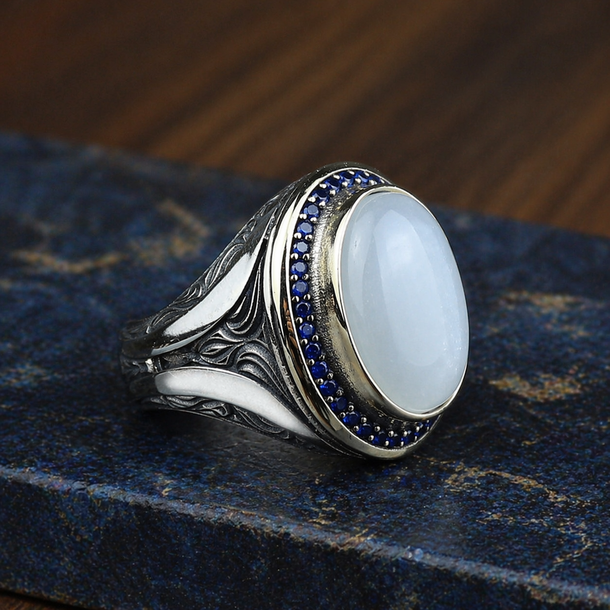 925 Sterling Silver Men Handmade Natural Moonstone Ring