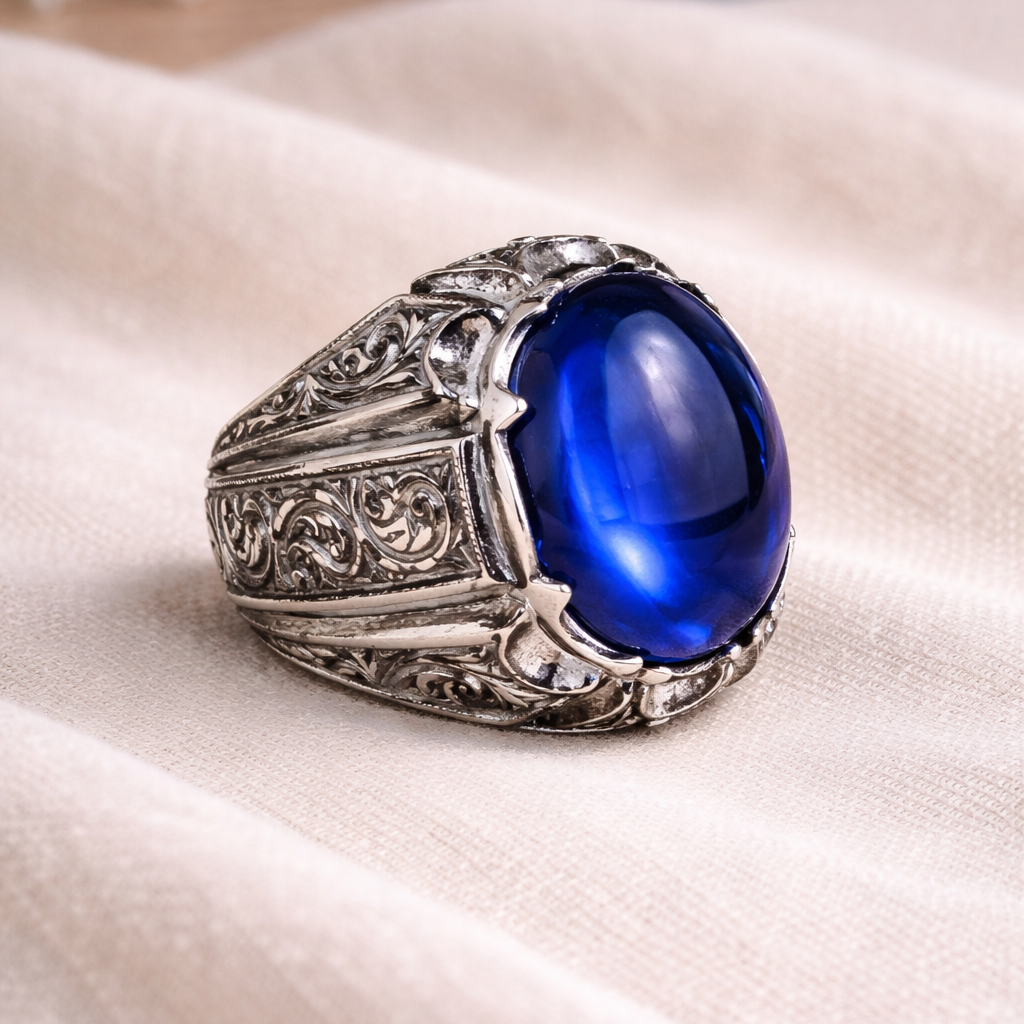 Men Handmade Engraved Blue Sapphire Gemstone Signet Ring