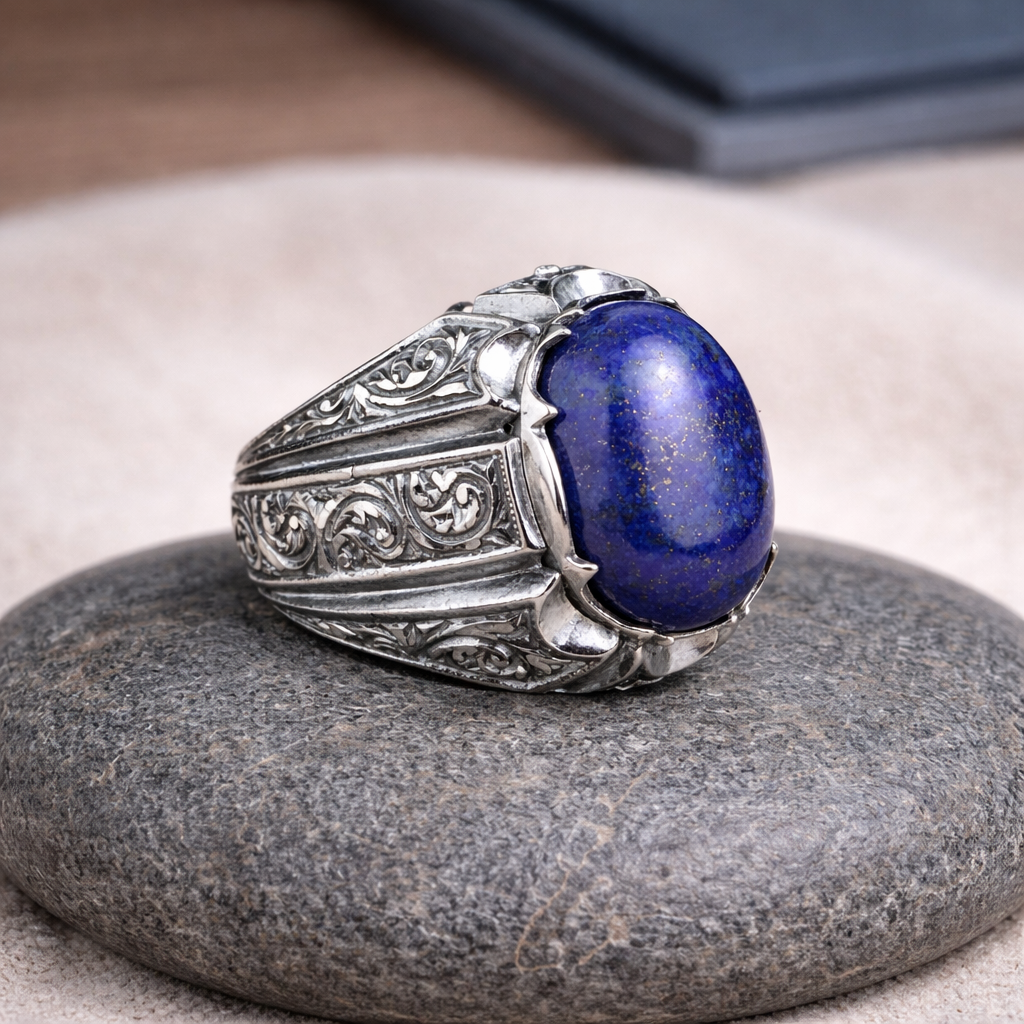 Men Handmade Natural Lapis Lazuli Gemstone Ottoman Style Engraved Ring