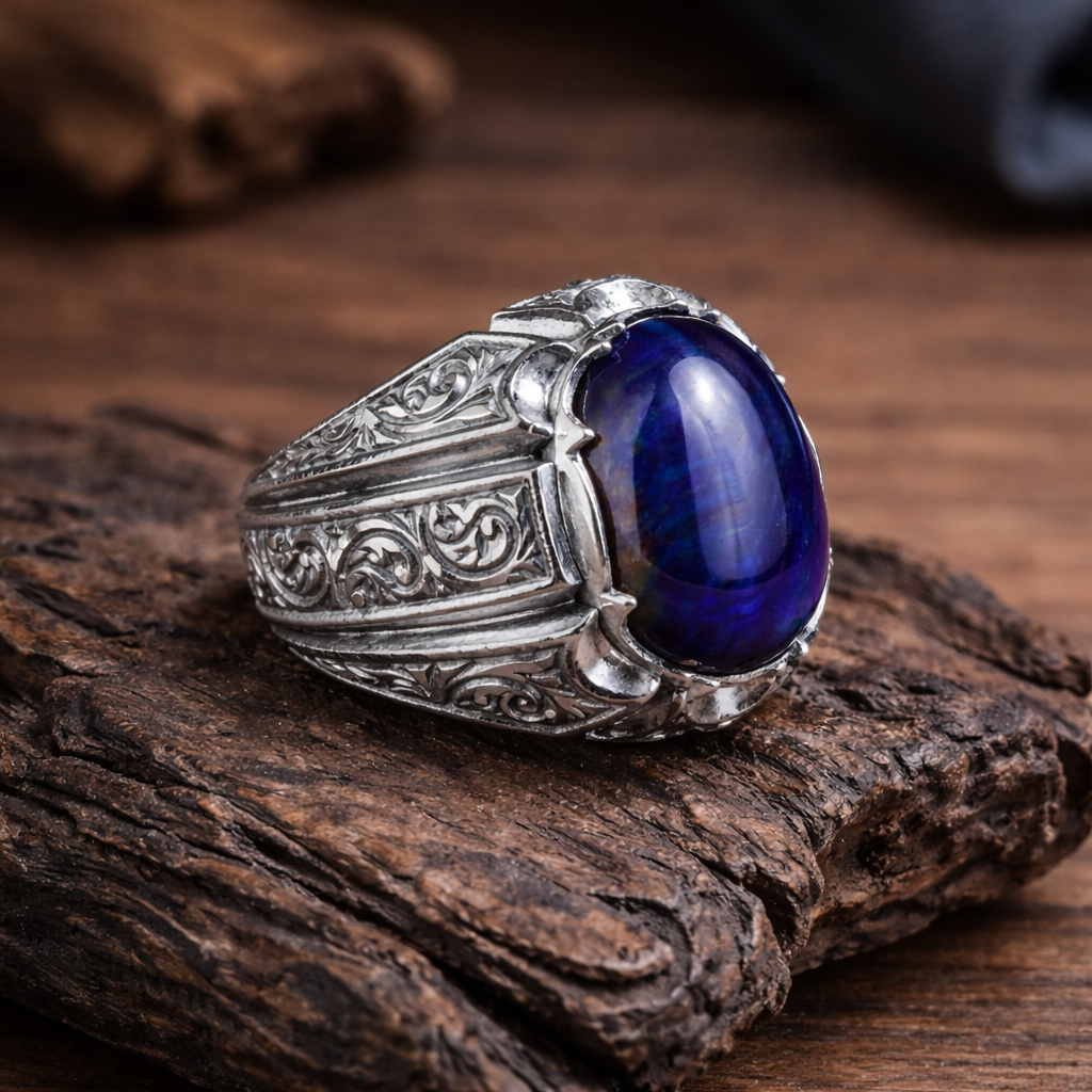 925 Sterling Silver Handmade Blue Tiger Eye Gemstone Ottoman Style Ring