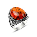 Men Silver Eagle Ring Amber Oval Gemstone Ring 925K Silver