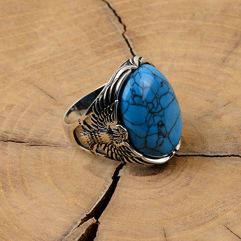 Men Silver Turquoise Stone Eagle Ring