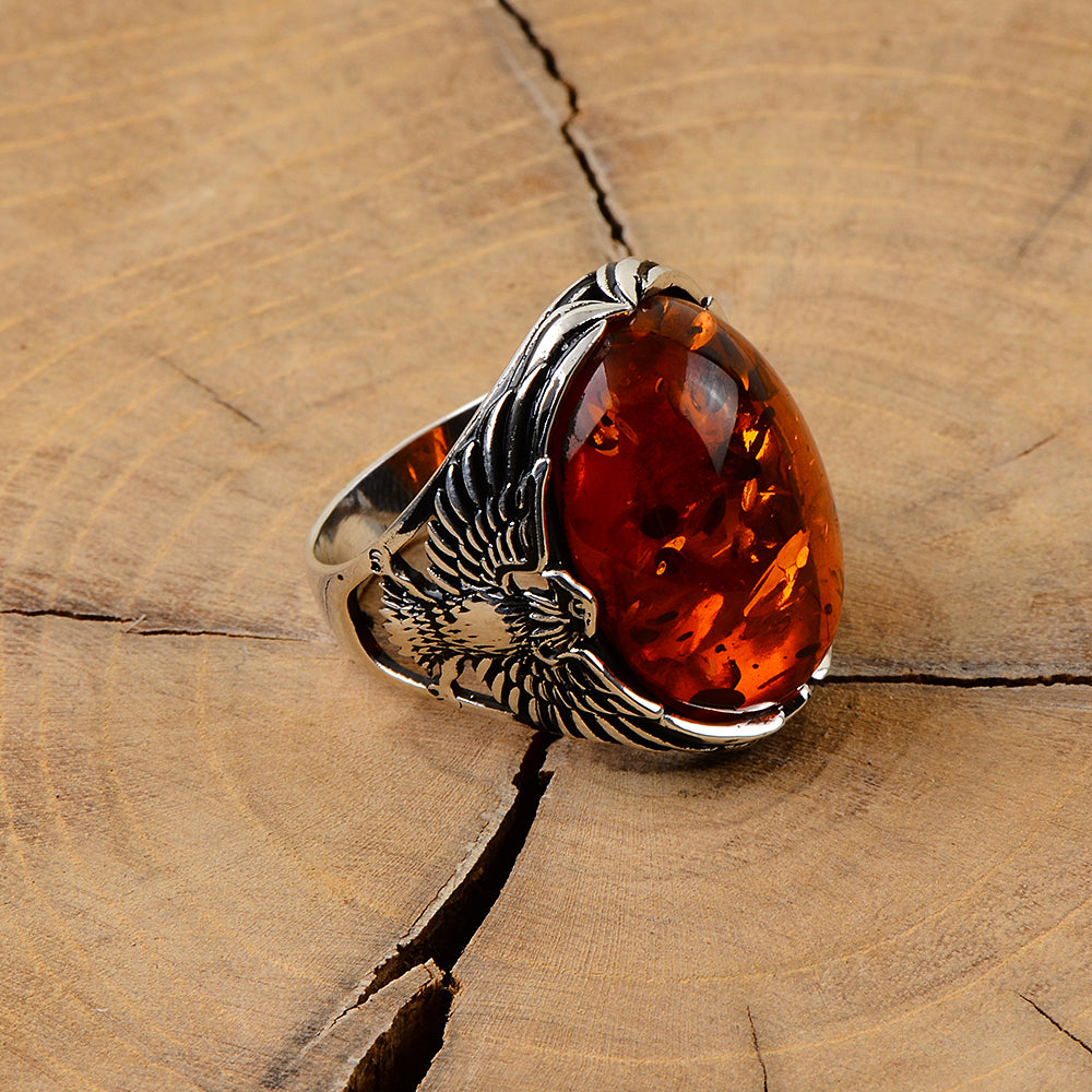 Men Silver Eagle Ring Amber Oval Gemstone Ring 925K Silver