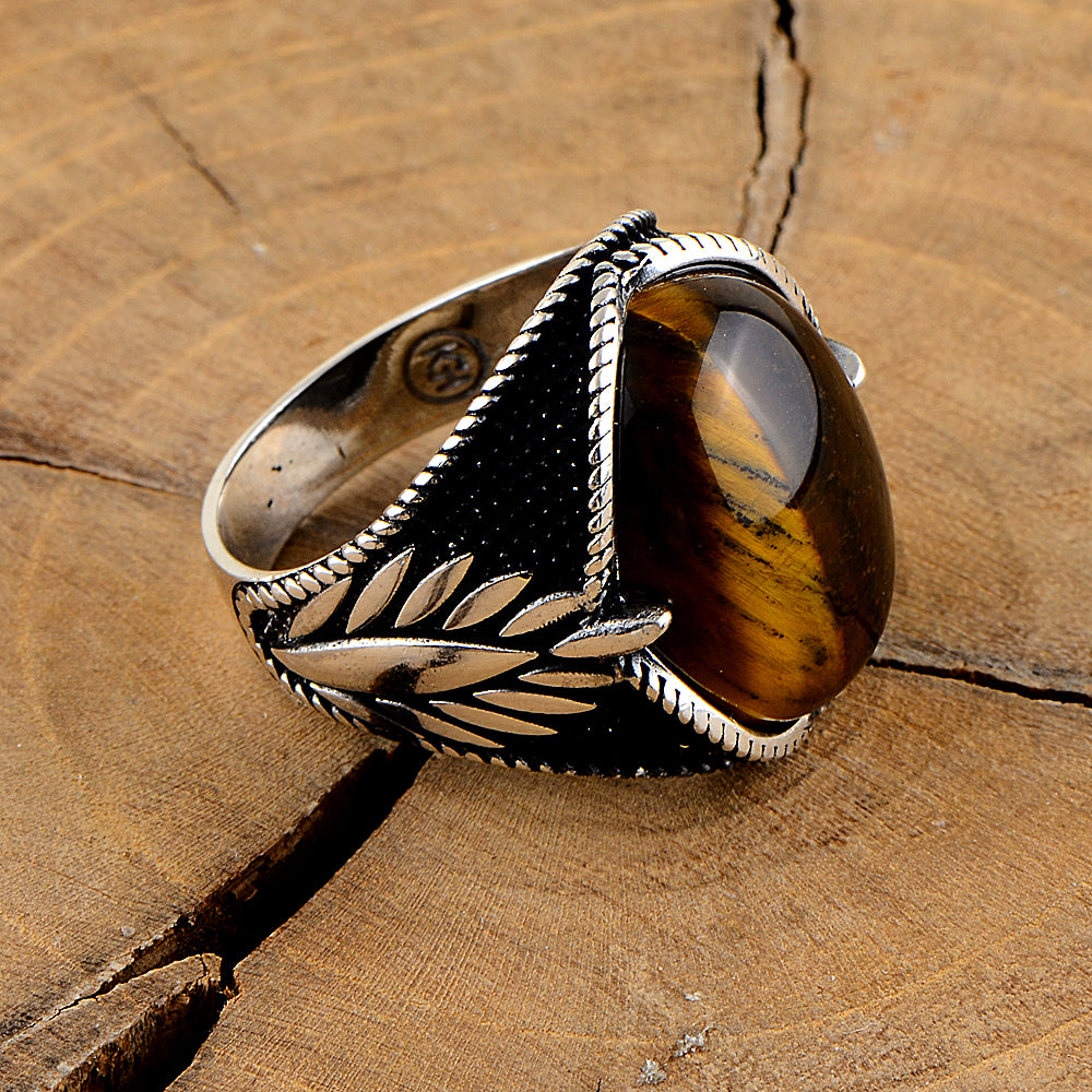 Men Handmade Ring Silver Tiger Eye Stone Ring Oval Tiger Eye Gemstone Ring
