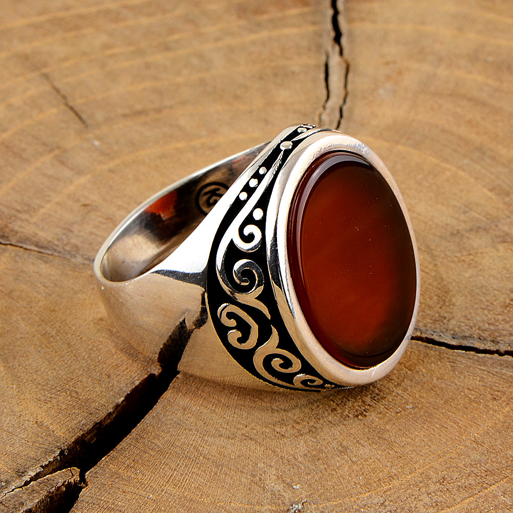 Men Silver Classic Red Agate Ring