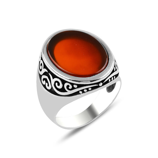 Men Silver Classic Red Agate Ring