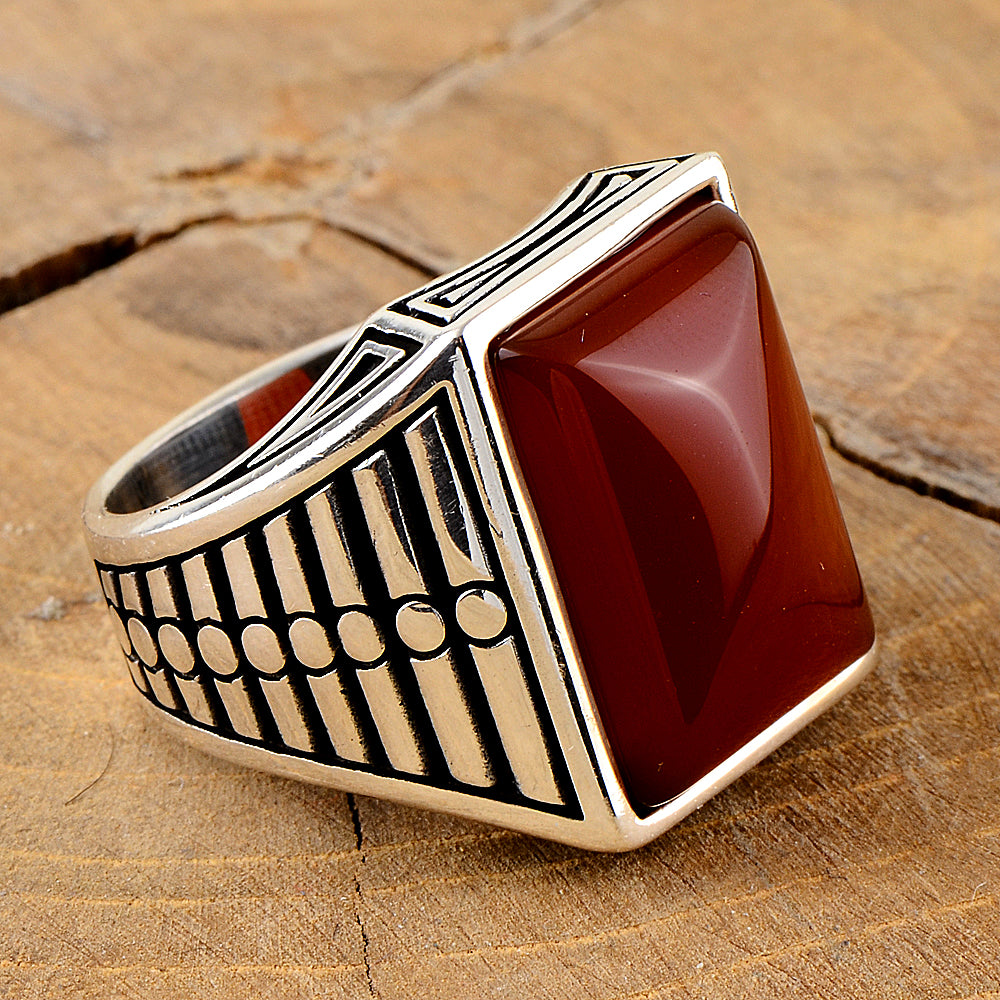 Silver Square Red Agate Stone Ring