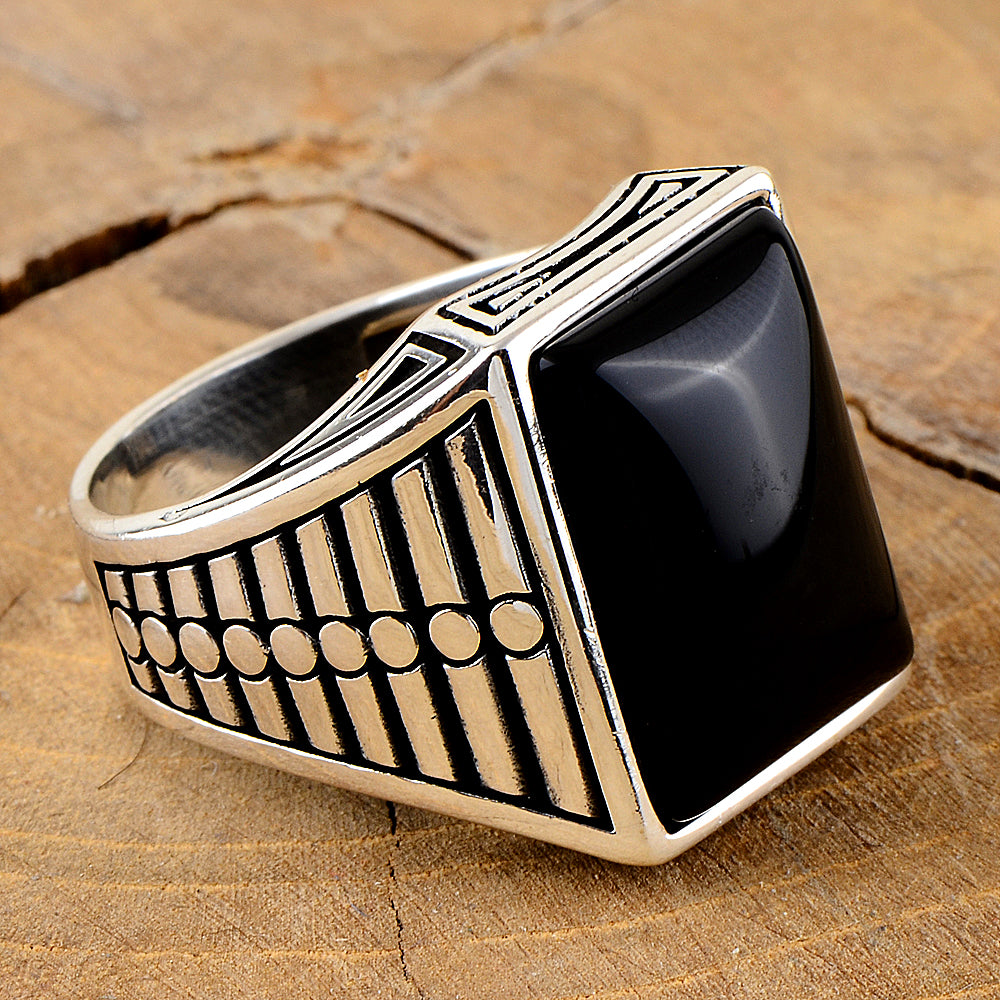 Anillo Hombre Plata Piedra Onix Cuadrada