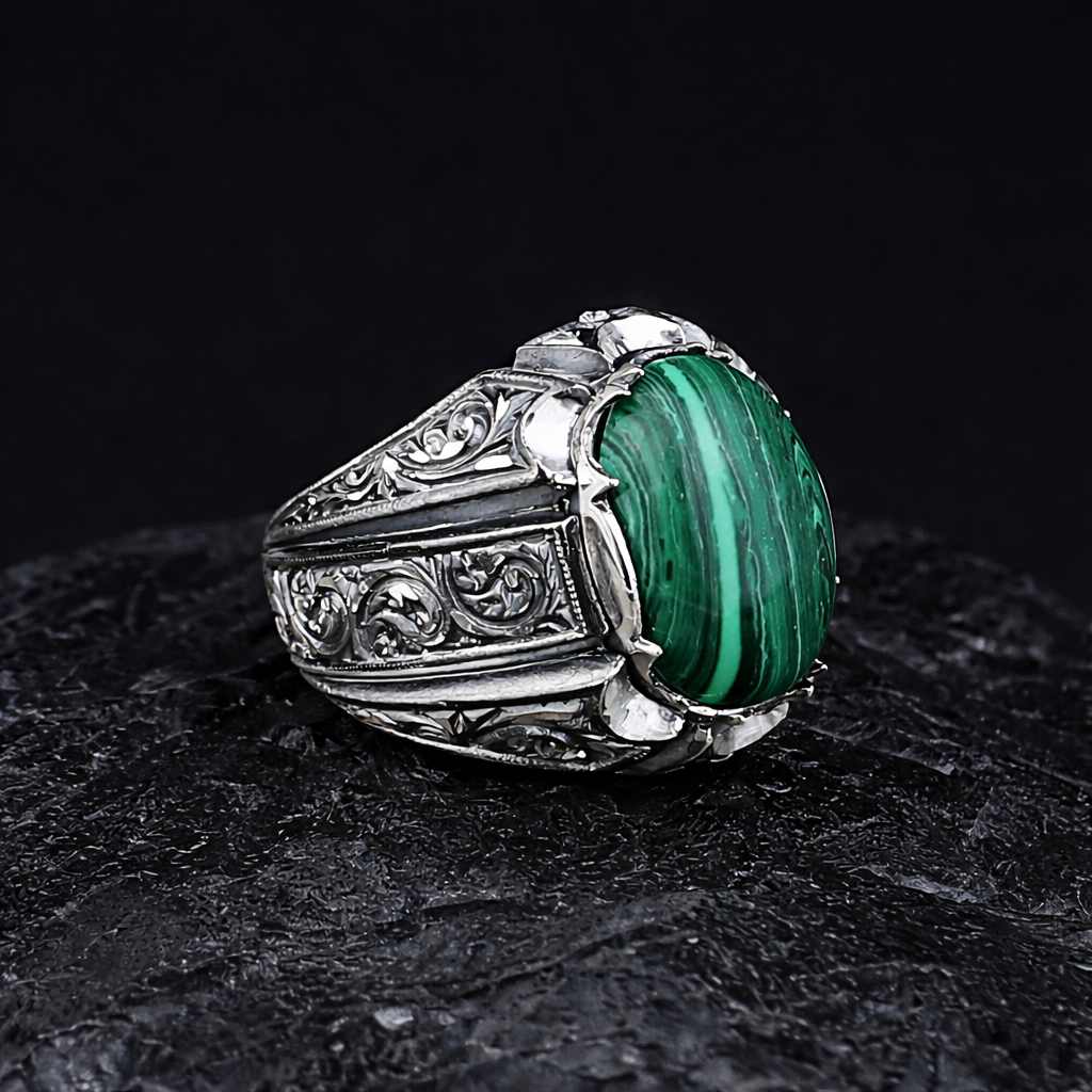 Men Handmade Engraved Natural Malachite Stone Ring
