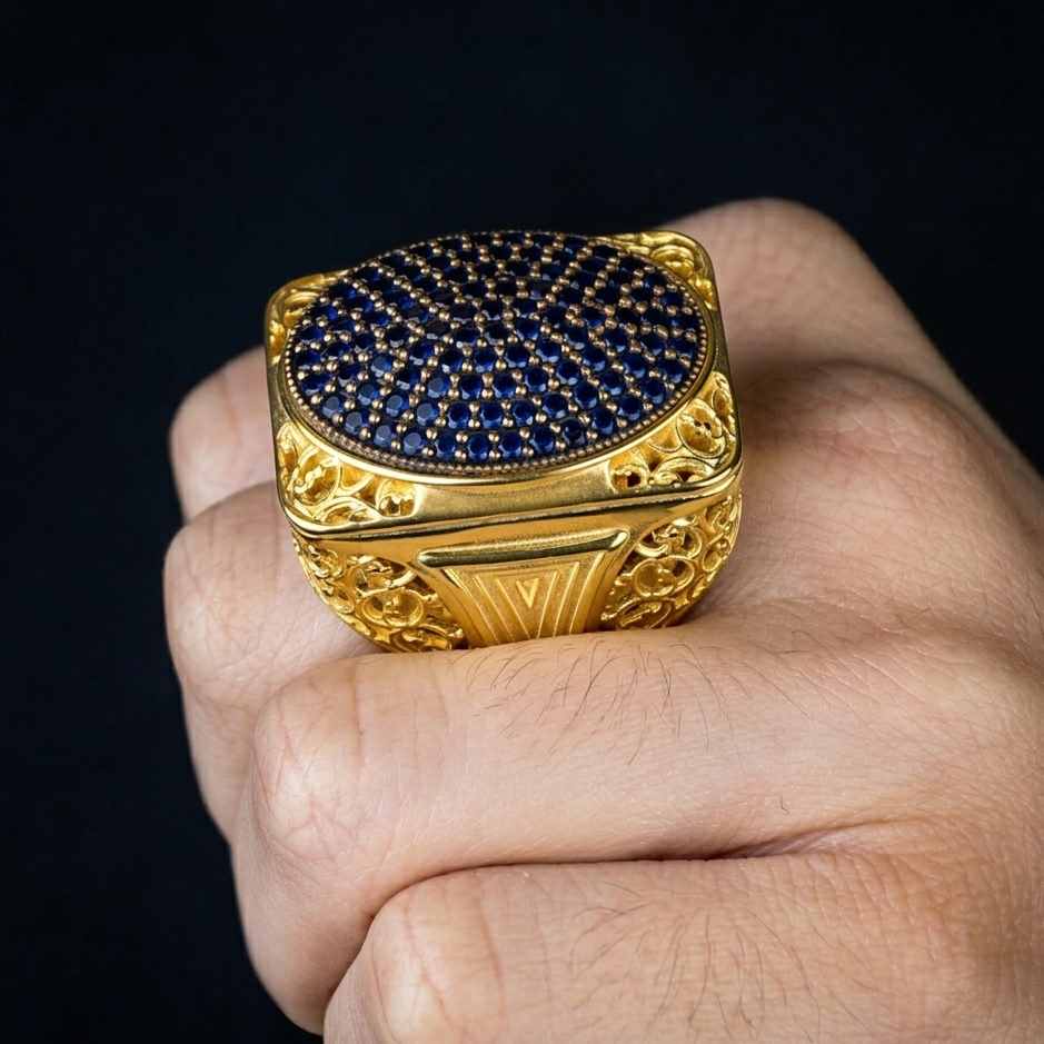 Men Handmade Gold Sapphire Gemstone Ottoman Style Ring