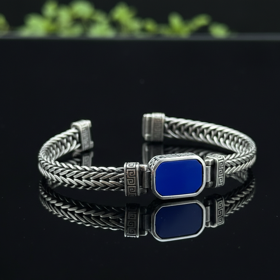 925 Silver Square Sapphire Stone Bracelet Chain Foxtail Sapphire Link Chain
