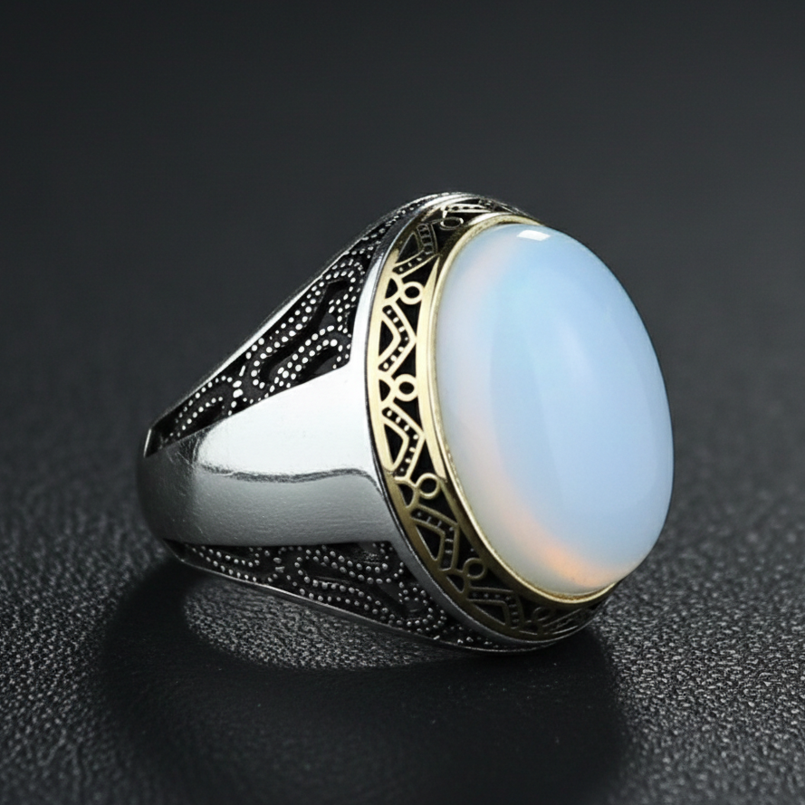 Men Handmade Natural Oval Moonstone Gemstone Turkish Ring