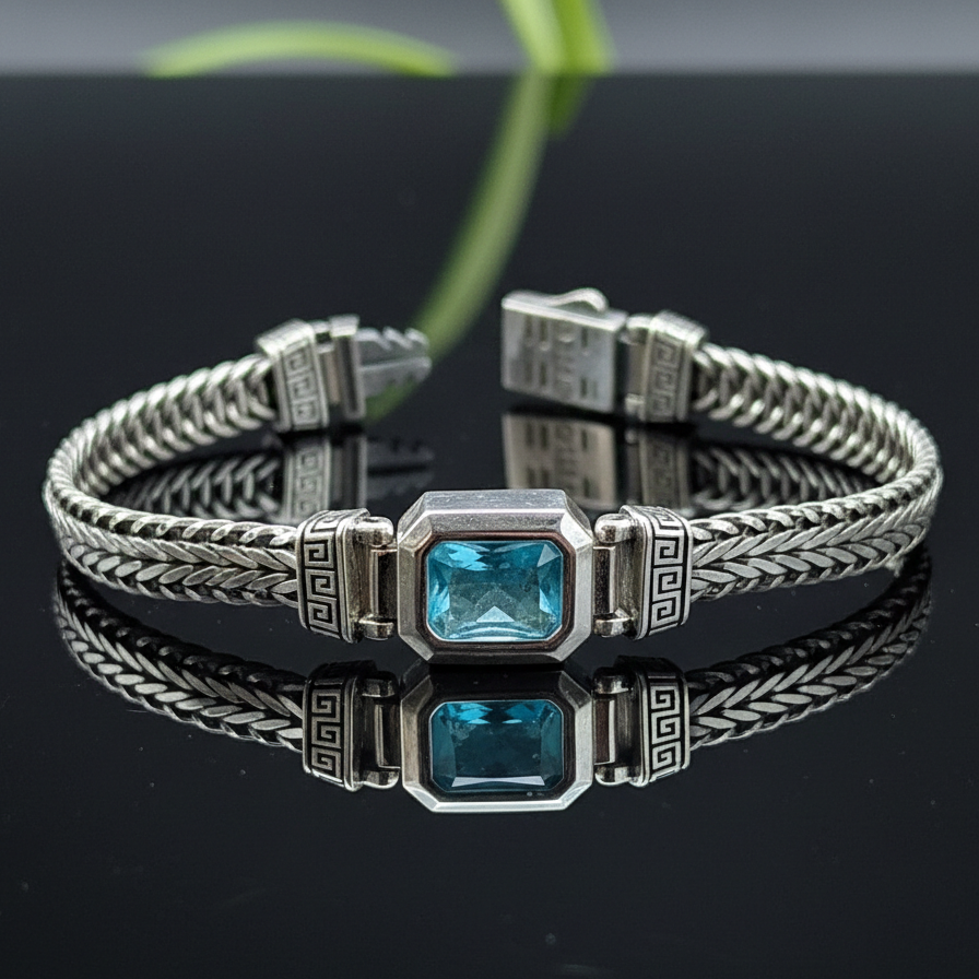 Men Handmade Aquamarine Gemstone Foxtail Chain Bracelet