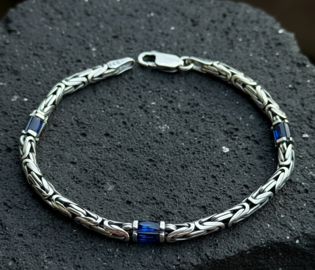 925 Solid Silver 4MM Blue Sapphire Gemstone Chain Bracelet