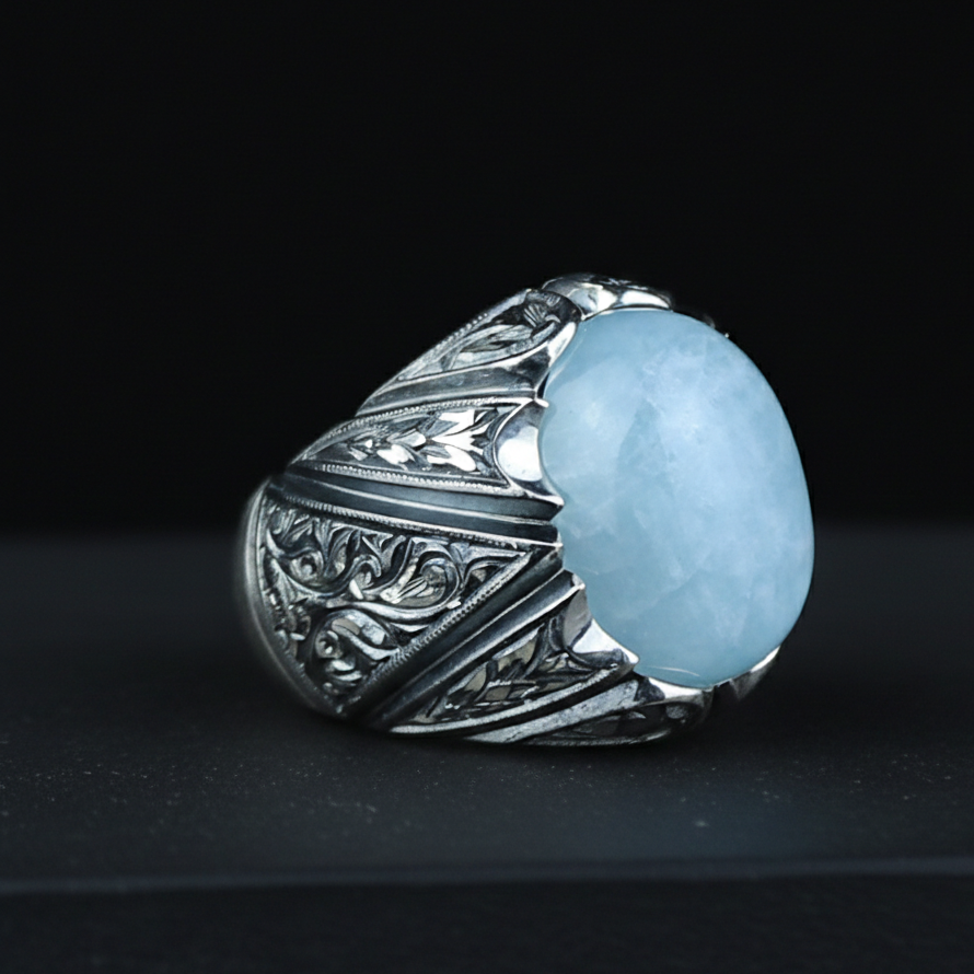 925 Men Handmade Silver Natural Aquamarine Gemstone Ring