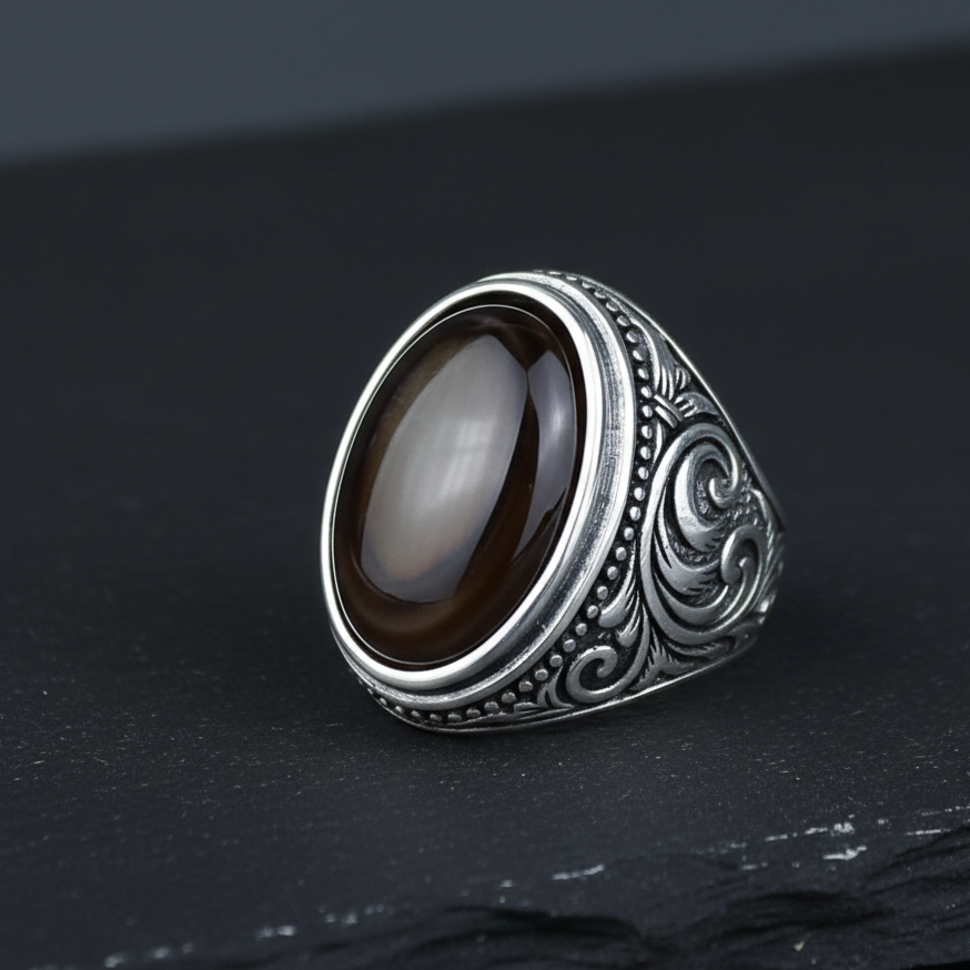 Men Handmade Engraved Tiger Eye Gemstone Ring