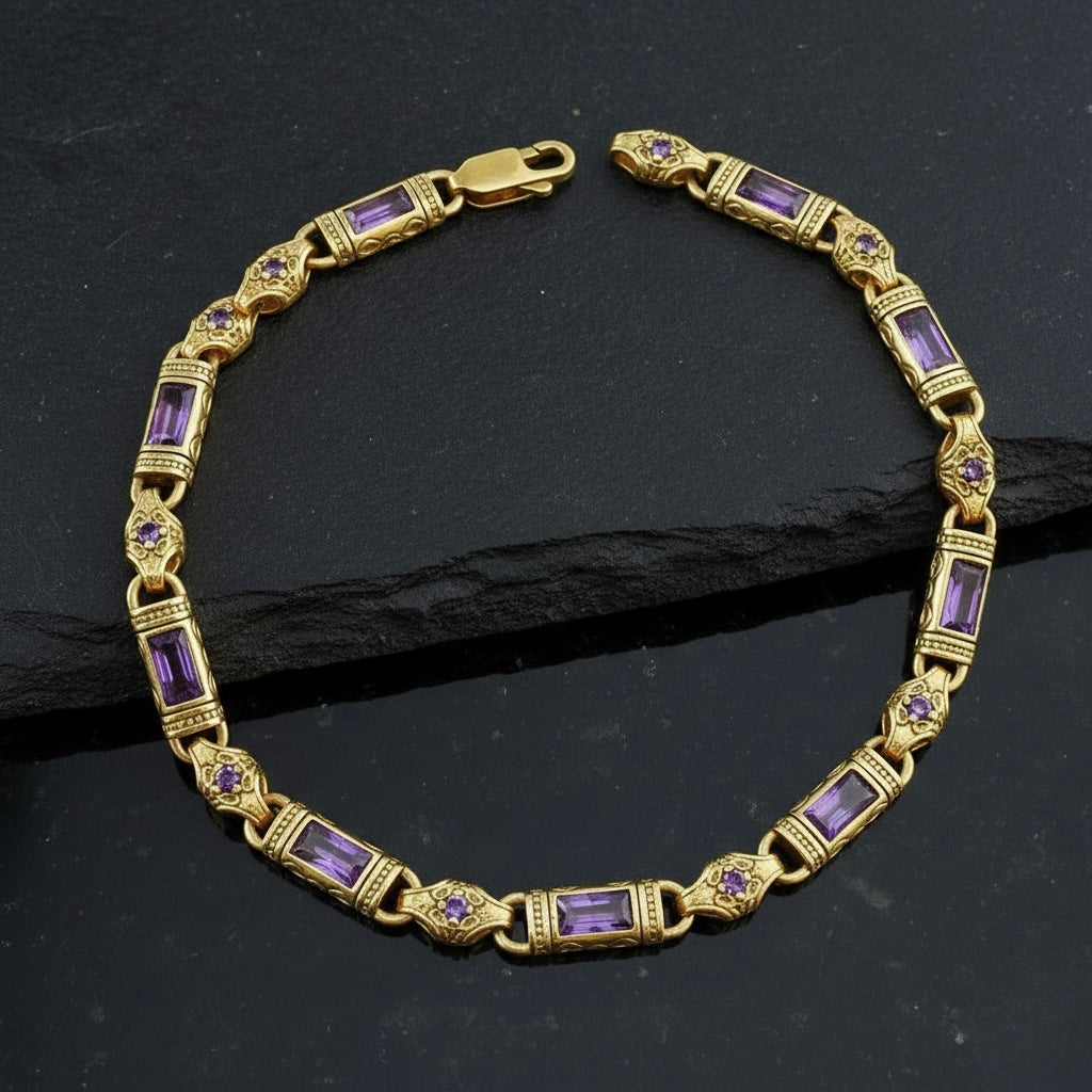 Men Handmade Gold Plated Amethyst Byzantine Link Chain Bracelet