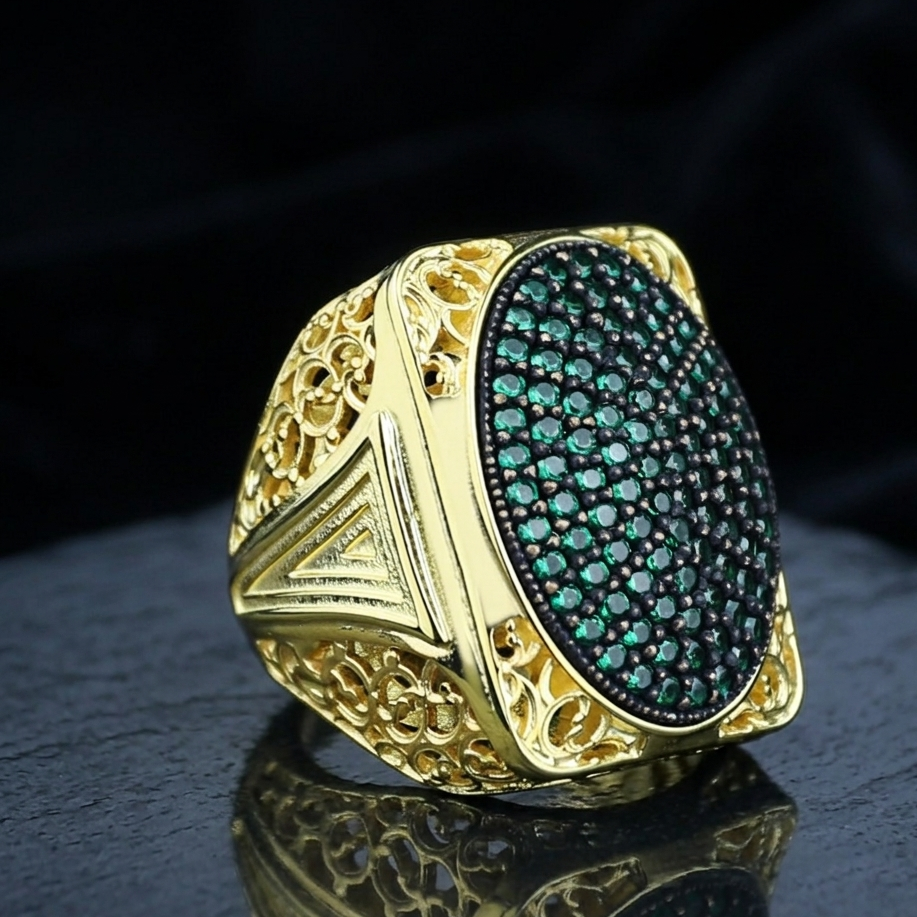 Men Handmade Gold Large Emerald Gemstone Ring