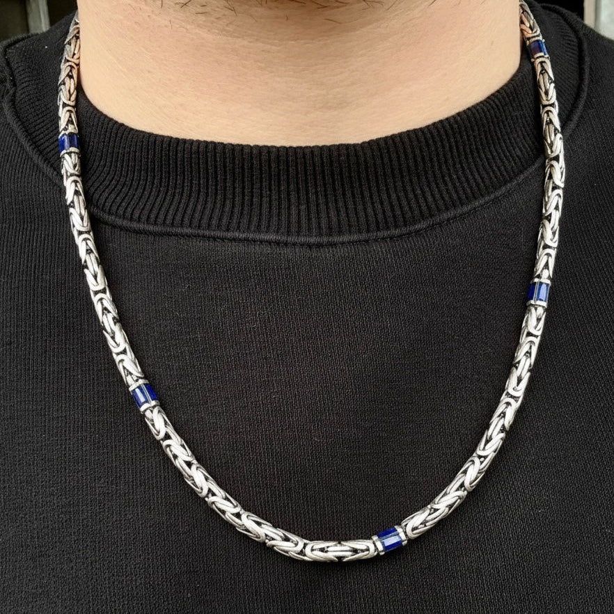 Silver Sapphire Gemstone Byzantine Heavy Round King Chain Necklace