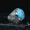 Men Handmade Sterling Silver Oval Floral Engraved Turquoise Gemstone Ring