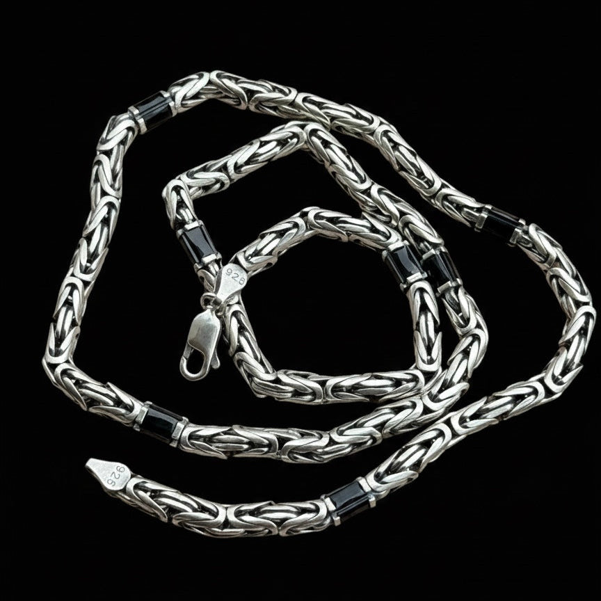 925 Silver 5MM Black Onyx King Byzantine Necklace