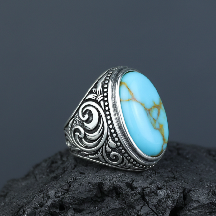 Men Solid Silver Handmade Natural Oval Turquoise Gemstone Ring