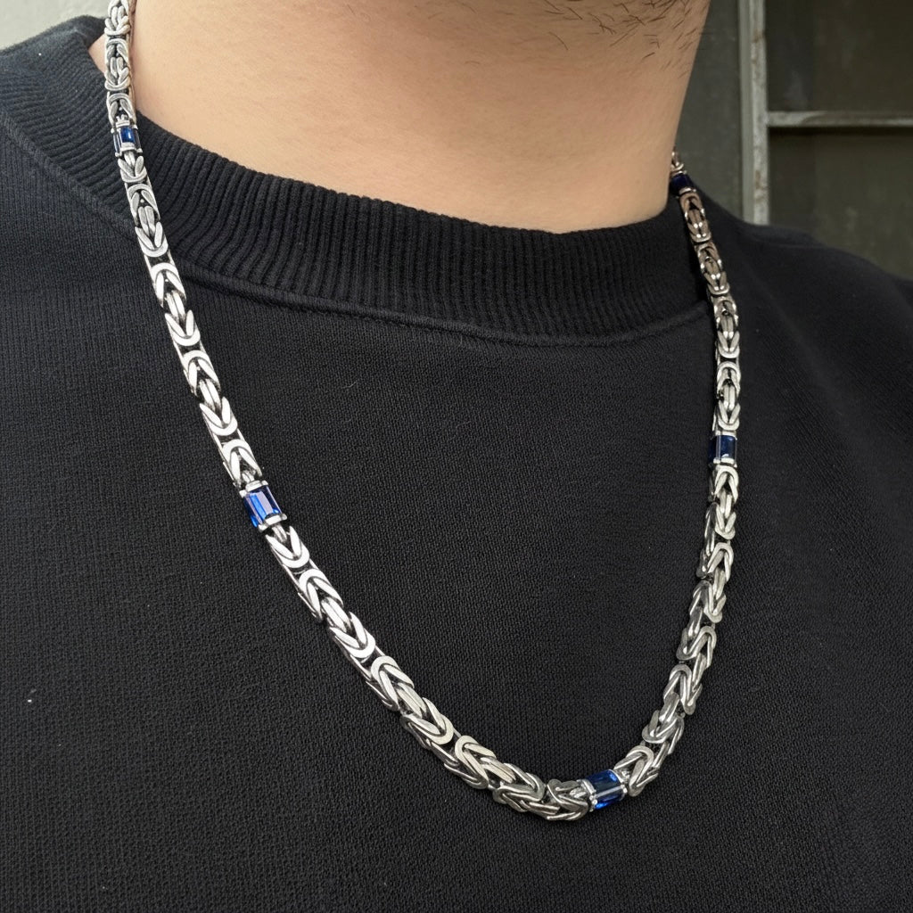 Silver Square Byzantine Sapphire Stone 5MM Byzantine Chain Necklace