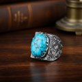 Men Handmade Hand-Engraved Blue Turquoise Gemstone Ring