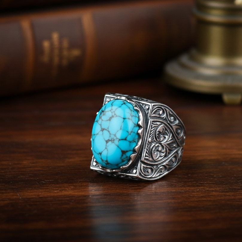 Men Handmade Hand-Engraved Blue Turquoise Gemstone Ring