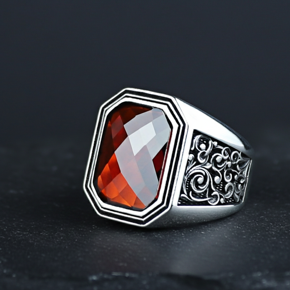 925 Men Silver Engraved Red Garnet Gemstone Ring