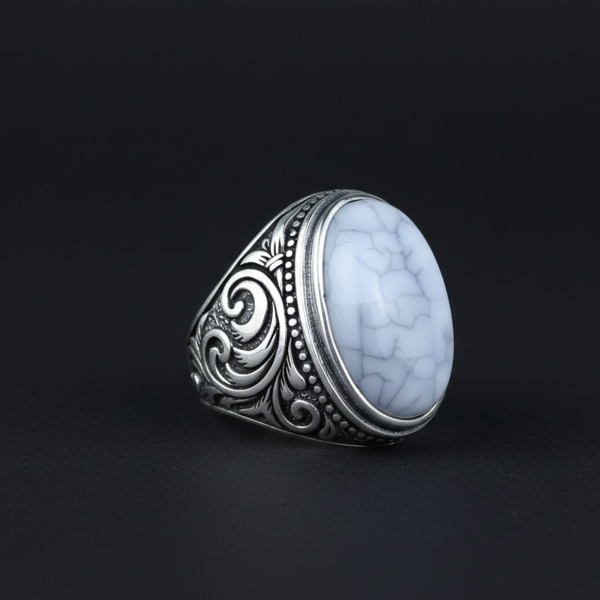 Men Handmade Solid Silver White Buffalo Turquoise Gemstone Ring