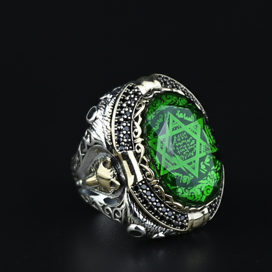 Men Large Emerald Gemstone Wolf Figured Soloman Signet Ring