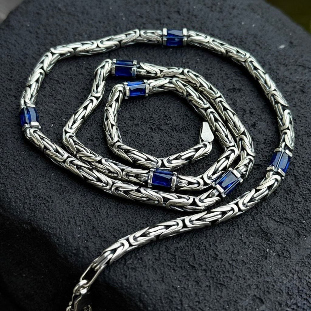 Solid Silver Sapphire Gemstone Byzantine Chain Necklace