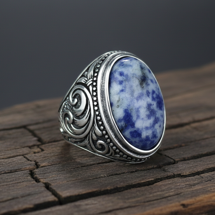 925 Silver Men Handmade Natural Engraved Lapis Lazuli Gemstone Ring