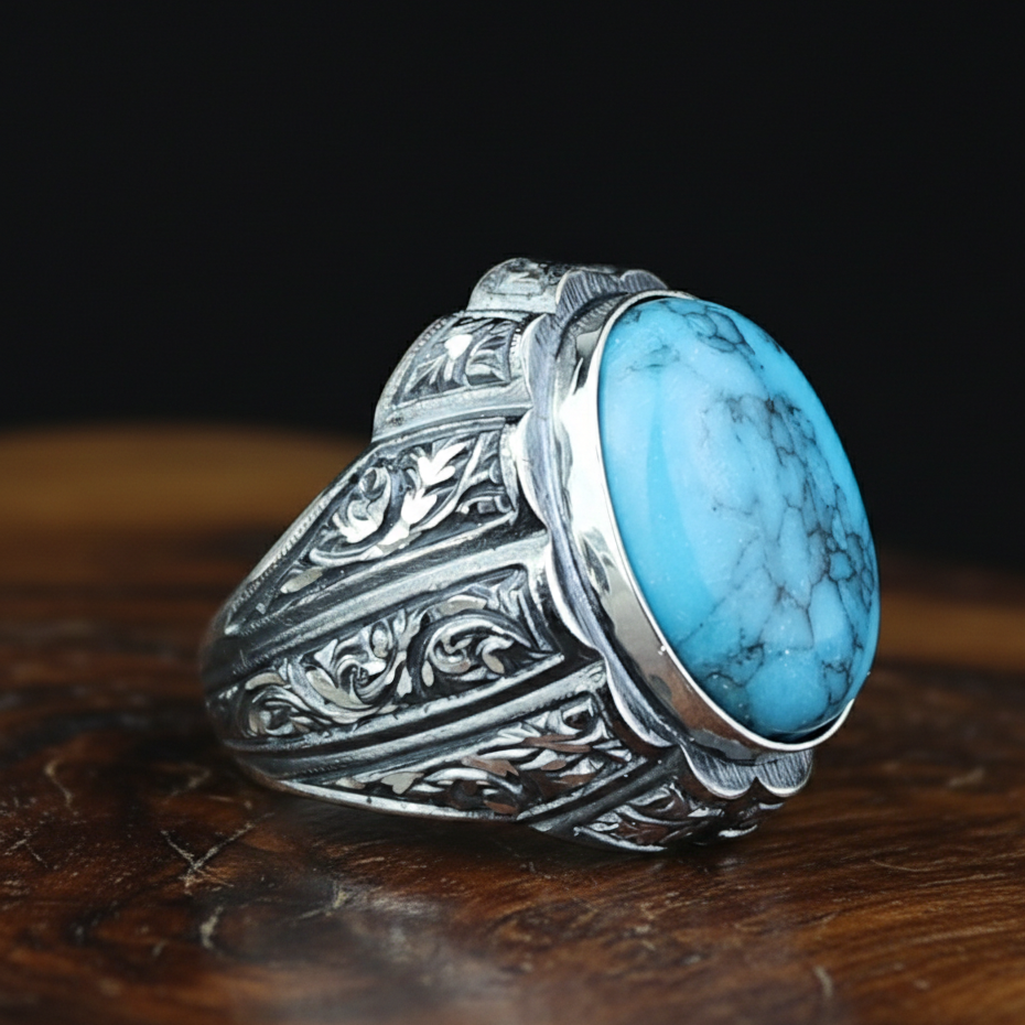 925 Silver Men Handmade Engraved Turkish Ottoman Style Ring