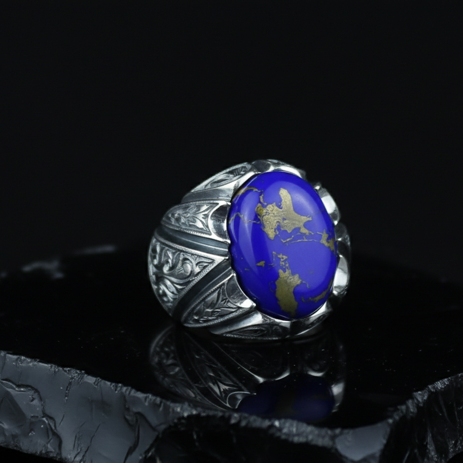 Men Handmade Turkish Engraved Blue Lapis Lazuli Gemstone Silver Ring