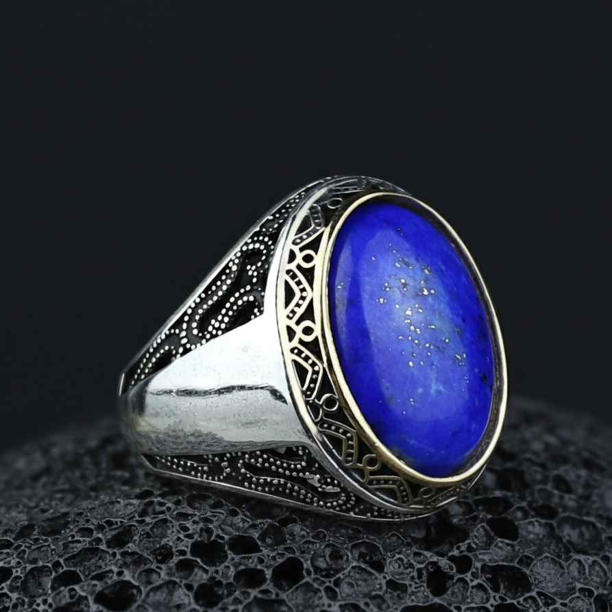 925 Solid Silver Men Oval Natural Lapis Lazuli Ottoman Style Ring