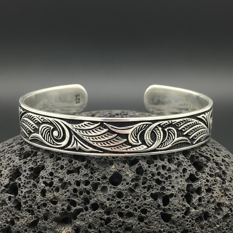 925 Sterling Silver Heavy Handmade Engraved Cuff Bracelet